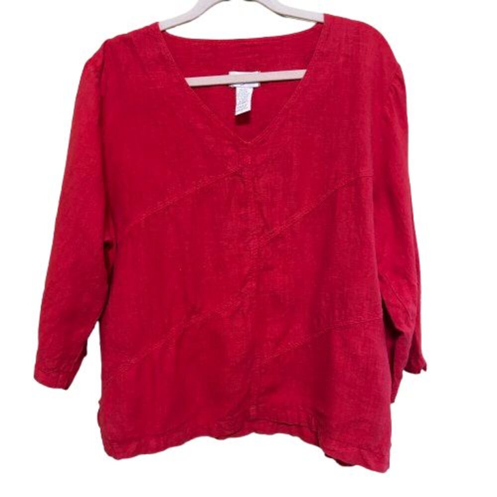 Mosaic USA 100% Linen Top Womens Large Red Art to Wear Lagenlook Boho Coastal